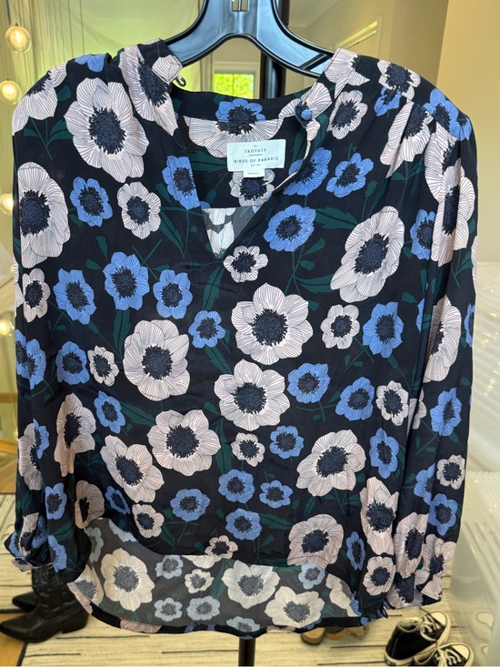 Trovata Tops - Trovata- Birds of Paradise Navy Floral V-Neck Blouse with Blue & Cream Flowers